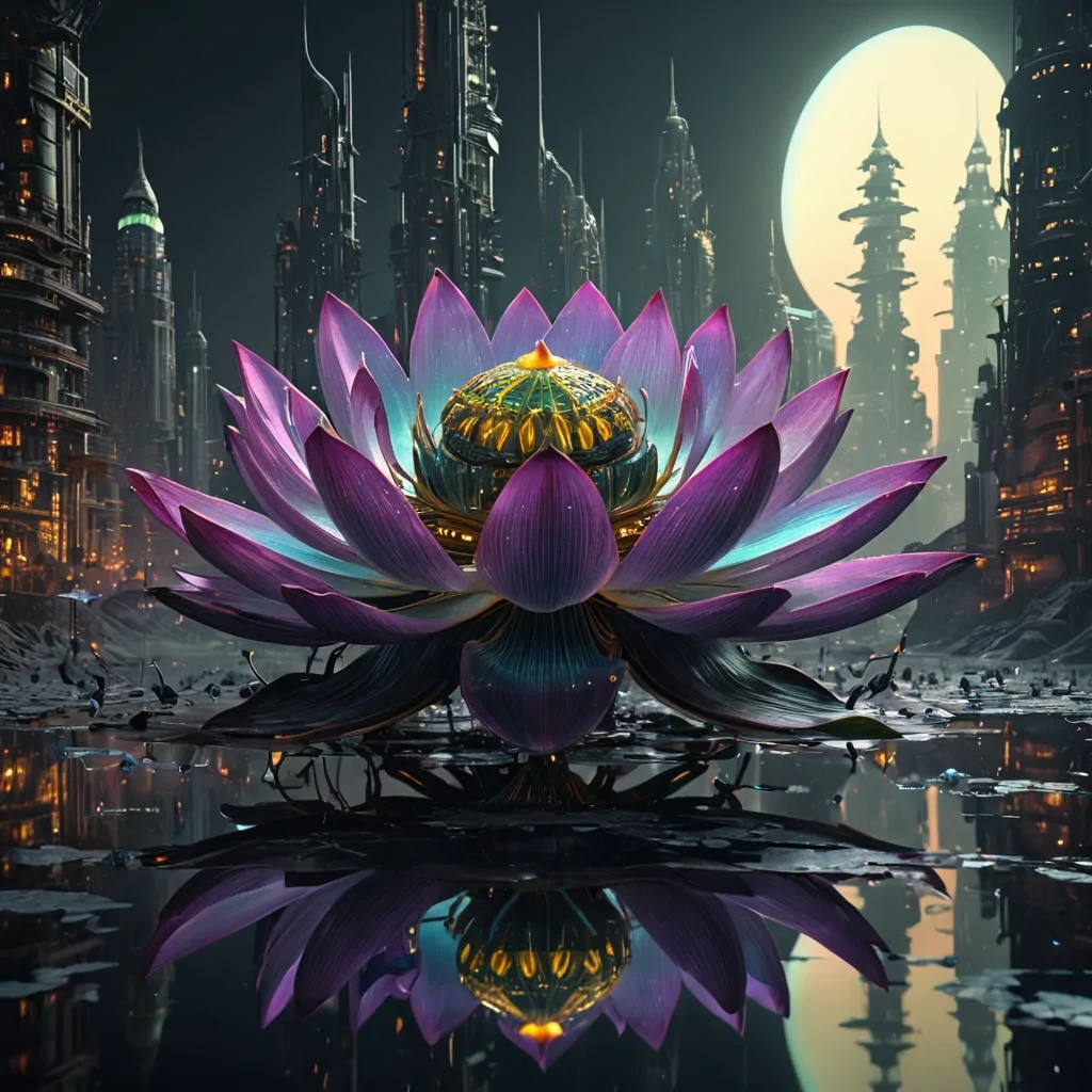 A colossal, ancient, mechanical lotus, its metallic petals unfurling to reveal a labyrinthine, neonlit city within, blooms from the heart of a vast, undulating, obsidian plain. Suspended within the lotus stamen, a holographic, sentient, mechanical swarm of dragonflies dances, casting ephemeral shadows on the citys inhabitants sentient, robotic, reptilian creatures. Rendered in ultra HD, with volumetric lighting, atmospheric effects, and vibrant colors, evoking a sense of surreal, otherworldly wonder.