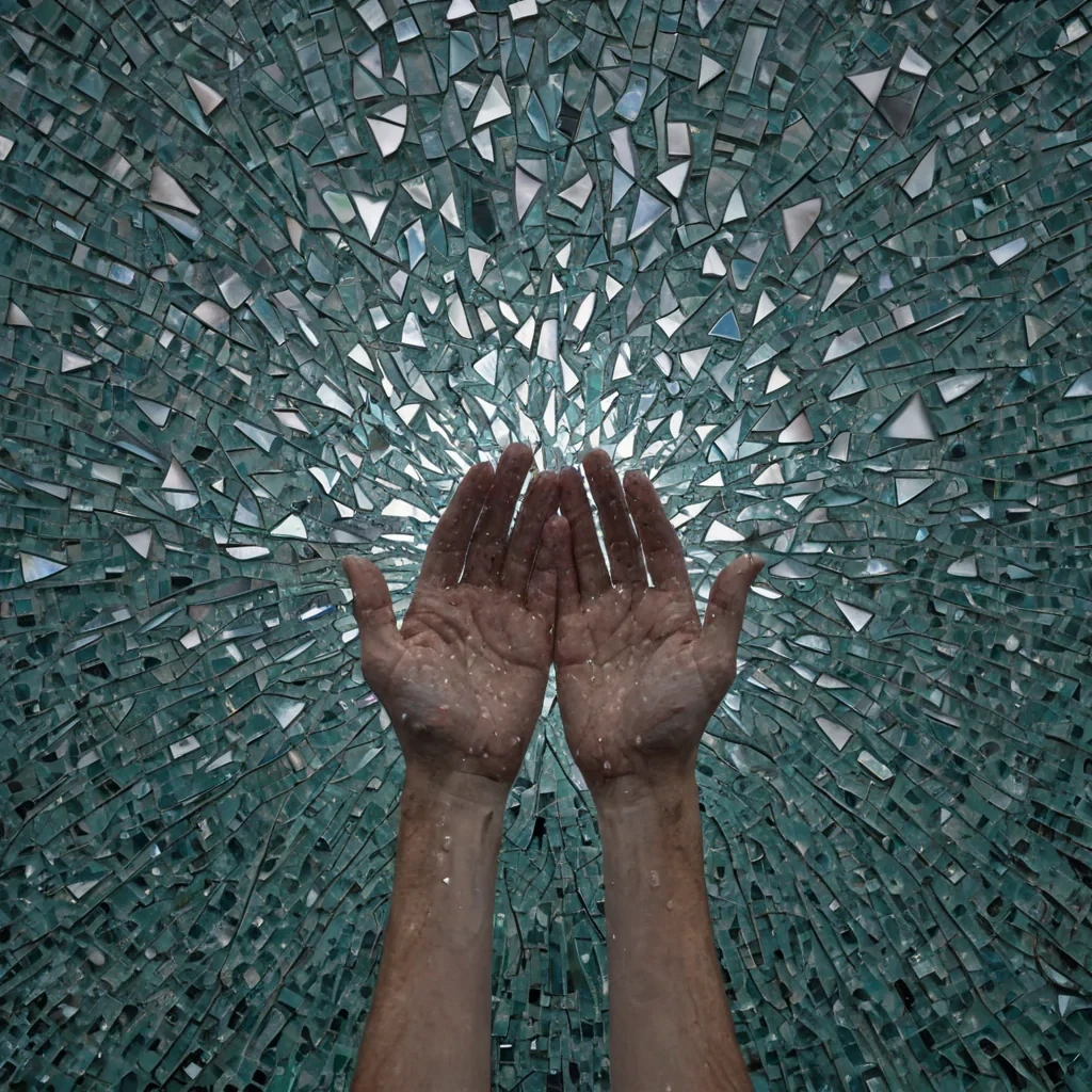 A single, selffragmenting mosaic of reversed memory, shaped like a 53dimensional kaleidoscope of unformed recollection and inverted nostalgia, floats at the center of a vast, inverted lagoon of solidified raineach droplet frozen midfall in the exact moment between a tear shed and a memory buried, a name whispered and a face forgotten, a photograph developed and a moment erased. The mosaic does not reflectit unremembers, each tessellated shard shedding a layer of emotional resonance that never coalesced into a shared past, reforming into ephemeral, sapphireveined afterimages shaped like the negative space between two hands that never touched, suspended in the quiet, shimmering breath of a world