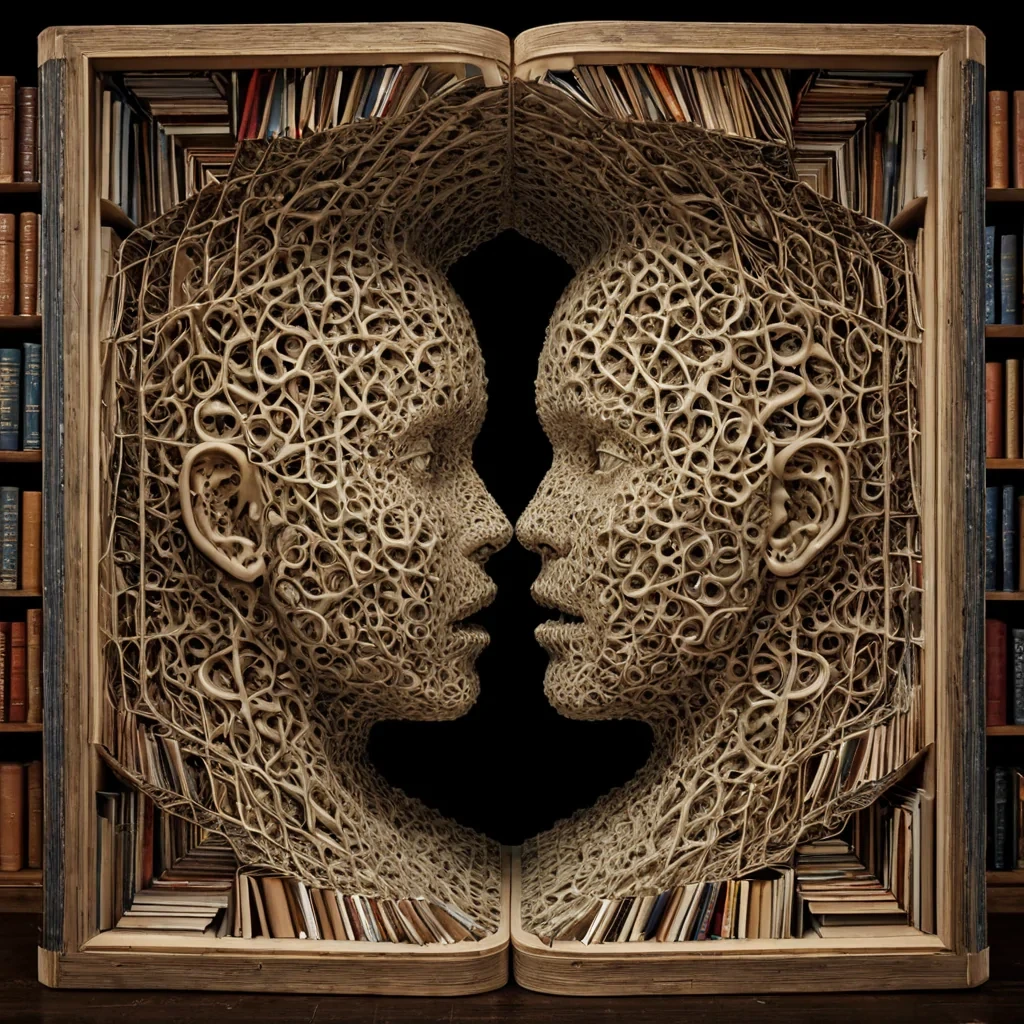 A single, selfsiphoning fractal of inverted language, shaped like a 127dimensional tesseract of unformed syntax and reversed semantics, pulses at the center of a vast, inverted library of solidified silenceeach book bound from the exact moment between a word being spoken and its refusal to be understood, a sentence forming and its sudden unraveling into nongrammatical dust, a whisper reaching an ear and dissolving into pure, uninterpreted air. The fractal does not communicateit uncommunicates, each shimmering node shedding a layer of linguistic potential that never coalesced into a shared meaning, reforming into ephemeral, lapislazulithreaded afterimages shaped like the negative space between two mouths