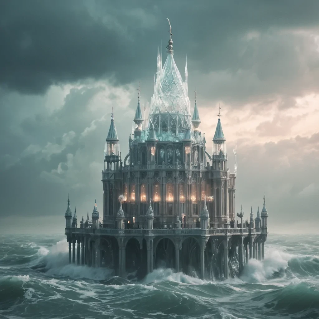 A levitating, crystal palace suspended over a vast, stormy sea, its spires emitting a soft, otherworldly glow, hyperrealistic, Ultra HD, cinematic lighting, volumetric lighting, atmospheric effects, dynamic lighting, bokeh effect, pastel tones, detailed textures.