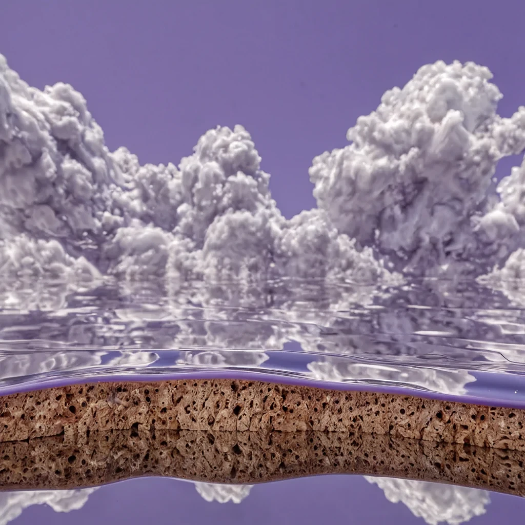 A horizontal, wideangle macro photograph of a seamless, continuous sheet of liquid chrome stretching across the frame, its surface perfectly smooth and reflective, mirroring a surreal, inverted sky filled with soft, volumetric clouds in shades of lavender and pale grey. The liquid is not still it is caught in the exact moment of a slow, viscous wave cresting in the center, creating a sharp, convex peak that distorts the reflection into a warped, convex lens effect. Embedded within the crest of the wave, suspended in the clear, metallic liquid, are hundreds of tiny, perfectly rigid, cubic blocks made of rough, porous cork, their organic texture contrasting sharply with the sleek, mirrorlike finish of the chrome. The lighting is soft and diffuse