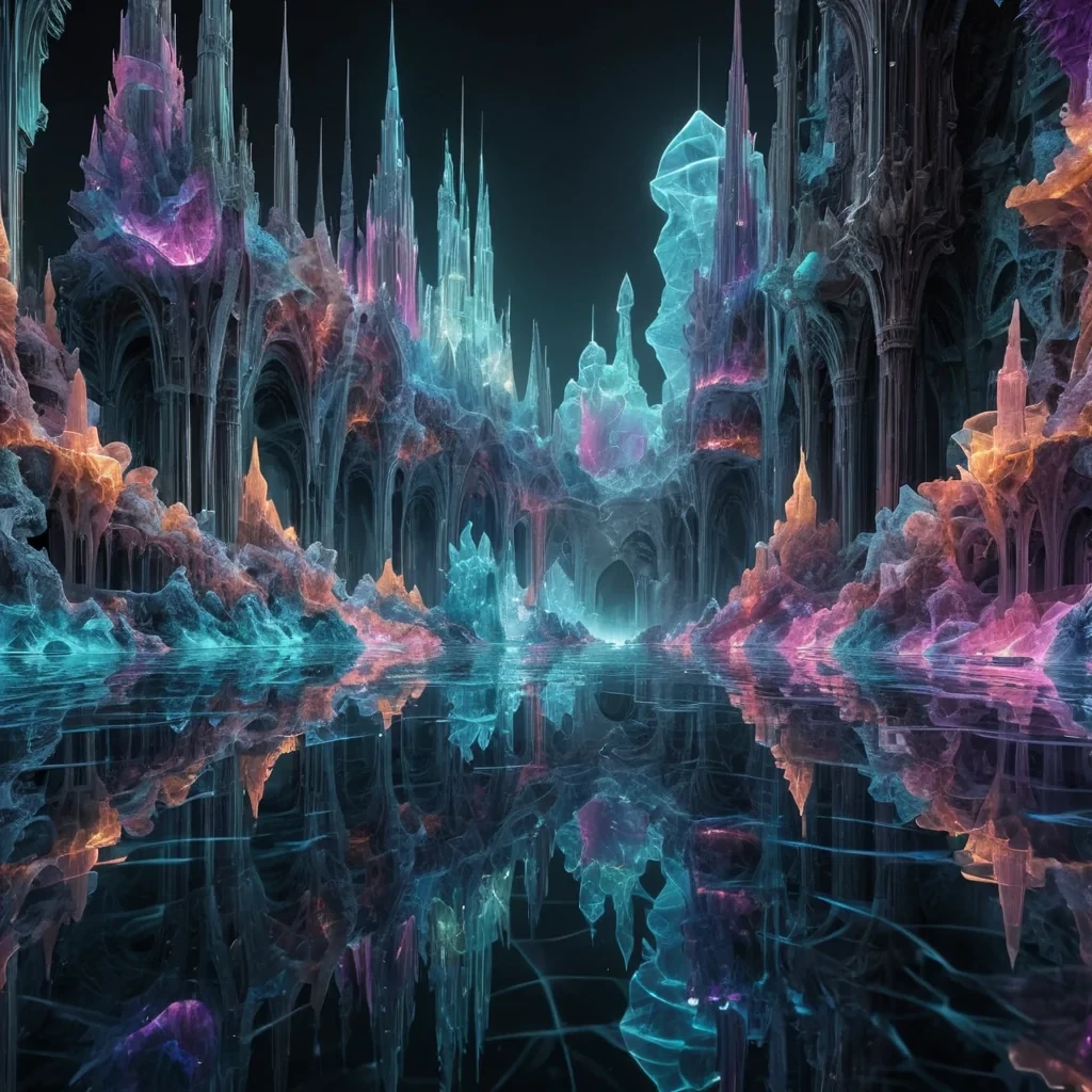 A hyperrealistic, 4K, ultra HD depiction of an iridescent, crystalline underground city, its geometric structures and towering spires etched in intricate, fractal patterns. Volumetric lighting from a distant, pulsating, bioluminescent source bathes the scene in a mesmerizing symphony of vibrant, prismatic hues. Cinematic lighting accentuates the citys central, radiant, luminescent pool, its rippling, liquid surface casting ethereal reflections on the surrounding, geometric formations. Photorealistic, fractal, zerogravity water formations unfurl in a surreal dance, creating an otherworldly, aquatic ballet.