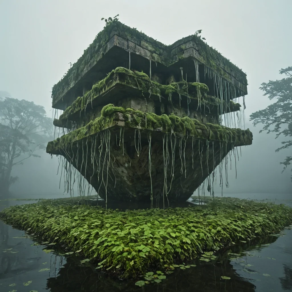 A vertical, wormseye view of a colossal, inverted ziggurat suspended in the heart of a dense, fogladen swamp, where the base of the structure points downward into the murky, teacolored water and the apex pierces the lowhanging clouds above. The architecture is constructed from interlocking blocks of porous, white limestone that have been overtaken by thick, emeraldgreen moss and creeping ivy, creating a textured, organic facade. From the underside of the floating base, thousands of delicate, bioluminescent fungal tendrils drip downward, glowing with a soft, pale azure light that illuminates the mist below. A small, wooden rowboat with two silent figures wearing widebrimmed straw hats drifts in the