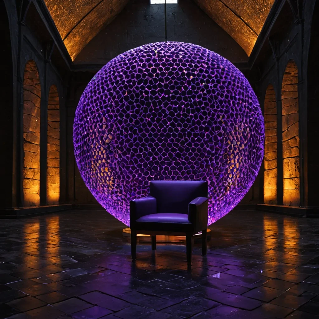 A hyperrealistic, medium shot of a solitary, ancient wooden chair resting on a polished floor of seamless, dark obsidian, positioned in the center of a vast, circular room with vaulted ceilings made of translucent, glowing amber stone. The chair is not made of wood, but of layered, compressed sheets of dried, translucent honeycomb structures, preserved in a state of perfect, geometric symmetry, with each hexagon glowing with a soft, internal pulse of deep, resonant ultraviolet violet. Suspended above the chair is a swarm of thousands of tiny, perfect, spherical beads of liquid mercury, each reflecting the violet light and creating a dazzling, shimmering canopy of metallic spheres arranged in a complex, threedimensional lattice. The lighting is dramatic