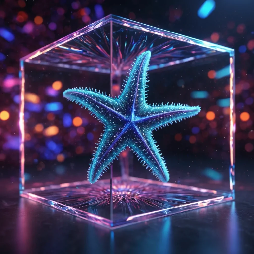 Hyperrealistic neon starfish with reflective metallic spines dancing in a cubic sapphire chamber filled with ethereal quantum waves, holographic beams intersecting in dynamic lighting, bokeh effect, vibrant colors, 4K