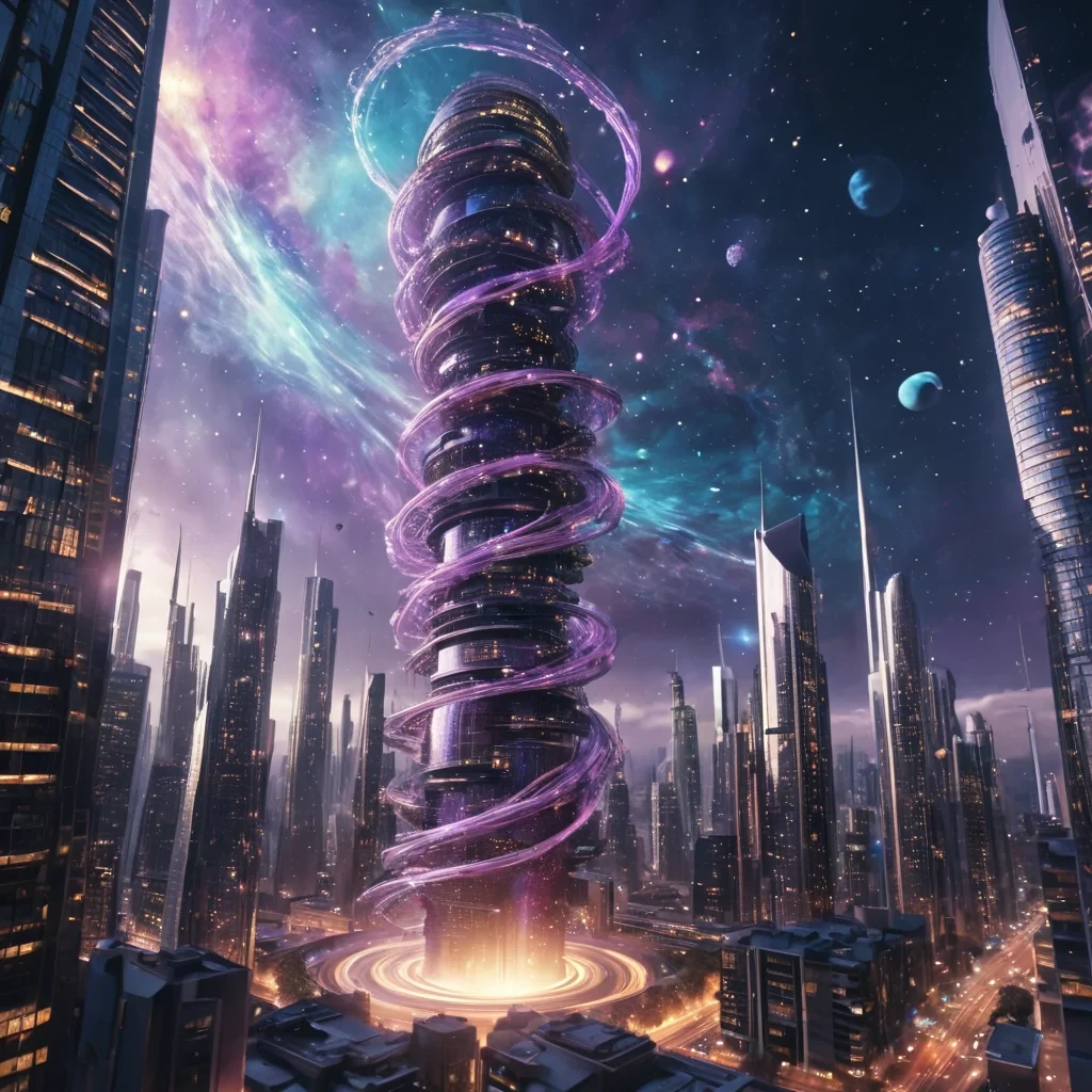 A swirling vortex of stardust coalesces into a levitating, organic skyscraper in a cybernetic cityscape, its glowing tendrils pulsating with cosmic energy, hyperrealistic, 4K, cinematic lighting, volumetric lighting, atmospheric effects, dynamic lighting, bokeh effect, soft focus, lens flare, cosmic purples, galactic blues, and iridescent golds, detailed textures.