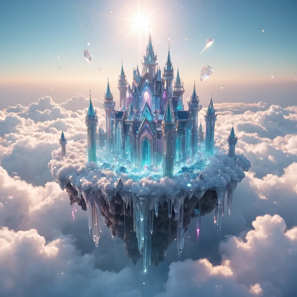 A levitating, crystalline palace floats above a sea of clouds, its spires adorned with shimmering, iridescent gemstones, hyperrealistic, 4K, cinematic lighting, volumetric lighting, atmospheric effects, dynamic lighting, bokeh effect, soft focus, lens flare, ethereal whites, shimmering blues, and sparkling rainbows, detailed textures.