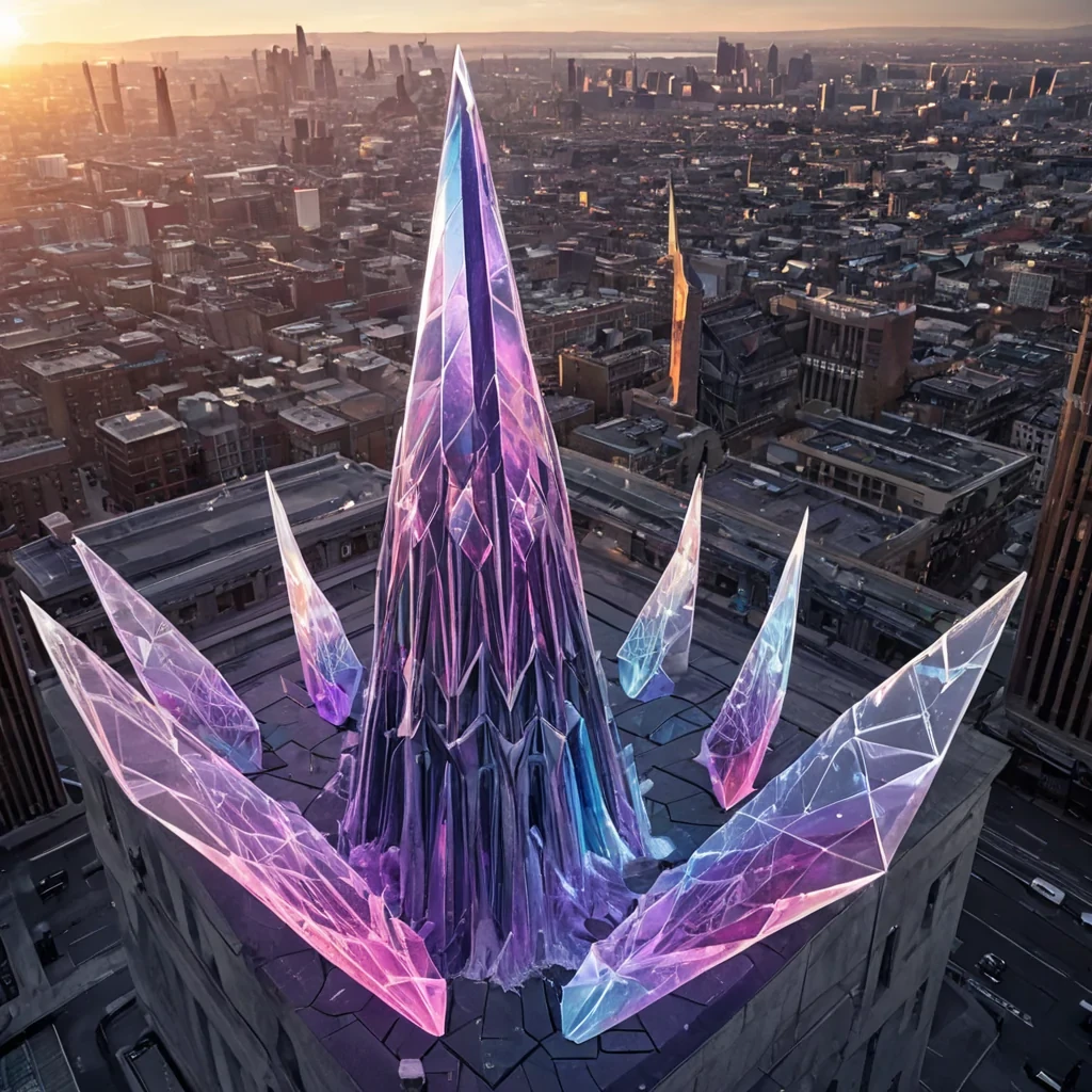 A towering, geometric spire of interlocking obsidian and polished amethyst rises from the heart of a chrome obelisk city, its facets refracting beams of sunlight into a fractured rainbow that dances across the skyline. Below, streets pulse with liquid light circuits flowing like veins through the pavement, each pulse syncing with the deep bass hum of an unseen subterranean orchestra. On rooftops, autonomous drones shaped like origami phoenixes fold and unfold their crystalline wings, emitting soft synth melodies as they navigate the air in silent precision. At the summit of the spire, a colossal, frozen clock face made of solidified sound waves ticks forward in reverseits gears composed of solidified ether and suspended mistcasting elongated, shimmering