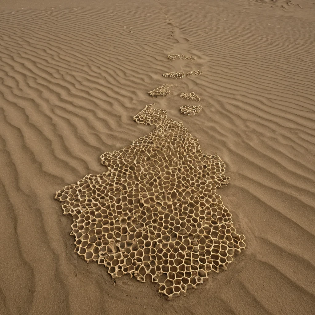 A single, selfilluminating cluster of crystallized silence, shaped like a fractalized, nonEuclidean honeycomb of suspended breath, pulses at the center of a vast, inverted desert composed of the compressed, unspoken words of a civilization that communicated through the duration of synchronized, silent walking across the same unwalked dune. The cluster does not resonateit unwalks, each pulse dissolving a layer of motion that never coalesced into a shared path, reforming into ephemeral, opalthreaded afterimages shaped like the negative space between two feet that never touched the same grain of sand in the same moment of mutual stillness. The desert is not aridit is a stratified expanse of