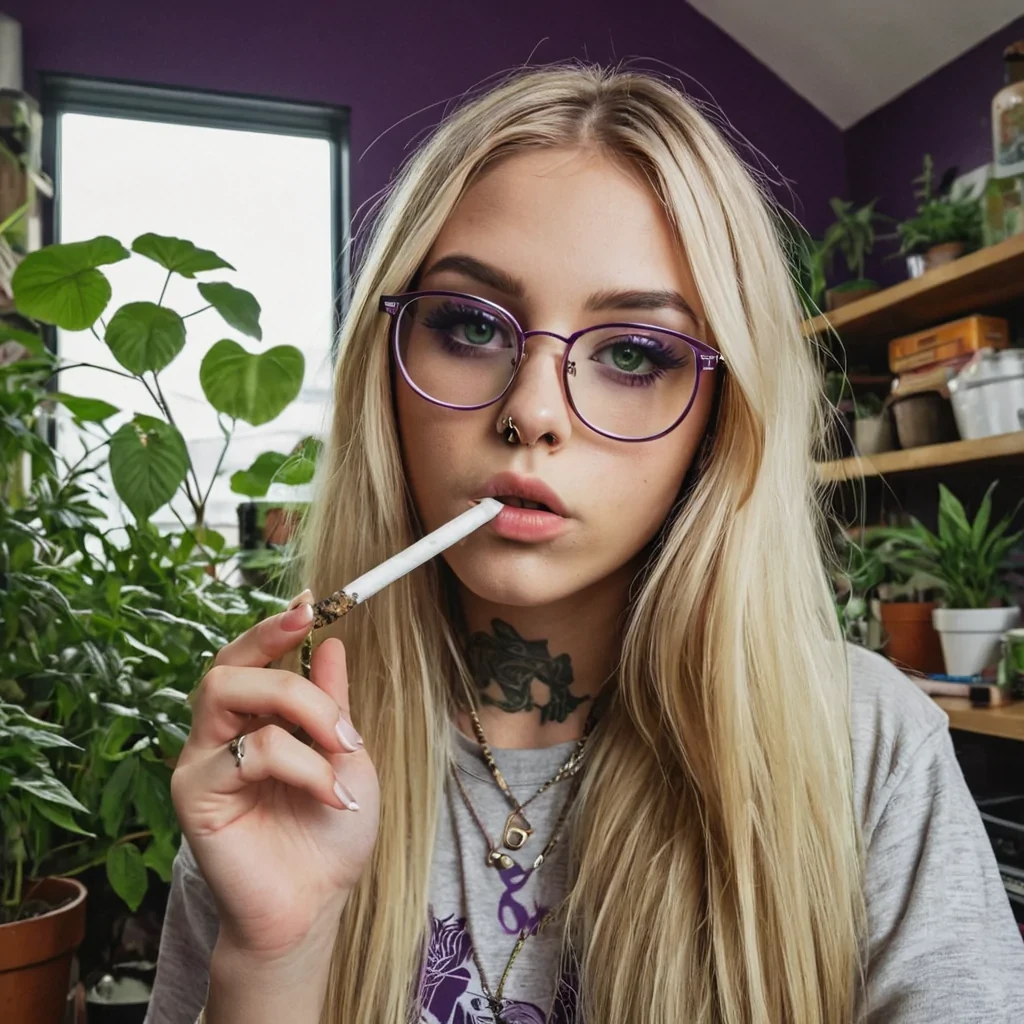 A beautiful girl with long blonde hair with purple tips and green eyes, she's wearing glasses and has a septum piercing, she's smoking a joint, pot plants and pot leaves growing all around her, she's in a room full of reptile tanks
