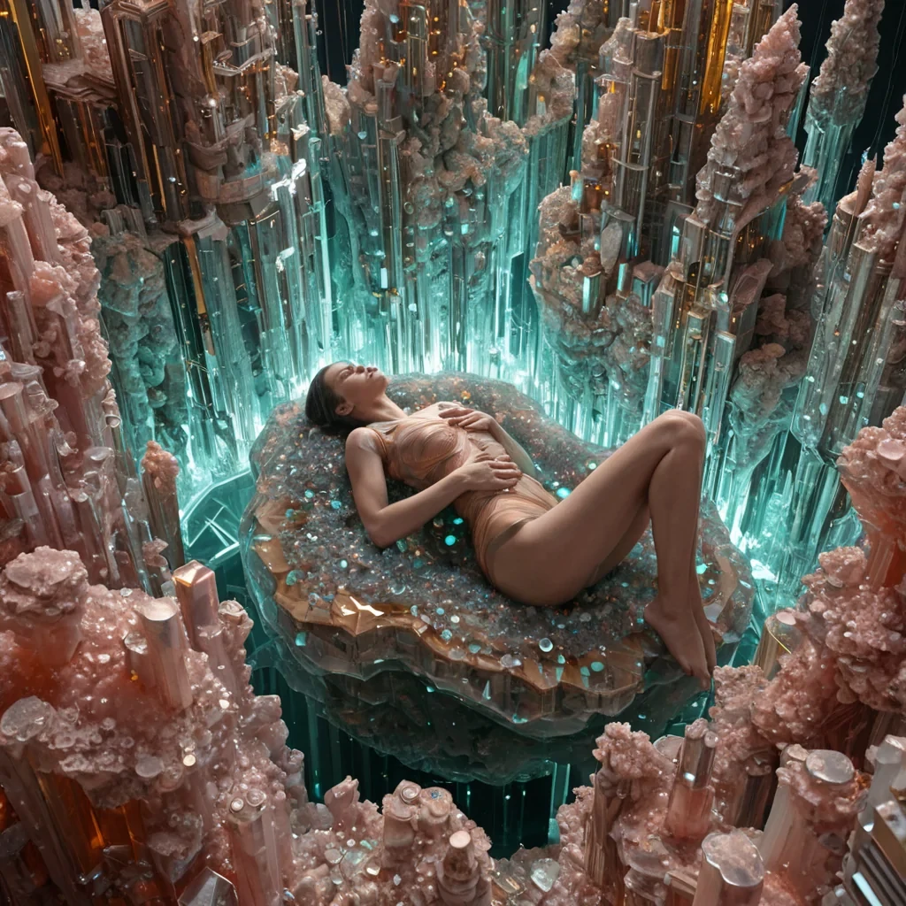 A highangle, isometric cutaway view of a dense, bustling vertical city built entirely within the hollowedout husks of colossal, translucent amber geodes. The architecture is composed of layered, crystalline platforms suspended by thin, taut filaments of braided gold wire, with no solid ground floor. The inhabitants are small, intricate figures wearing suits made of woven fiberoptic cables that pulse with slow, rhythmic waves of soft coral pink and mint green light. Transportation consists of silent, spherical bubbles of pressurized air that drift between the crystal layers, each containing a single, sleeping figure curled in a fetal position. The interior of the geode walls is rough and textured with sharp, jagged quartz points that catch the ambient
