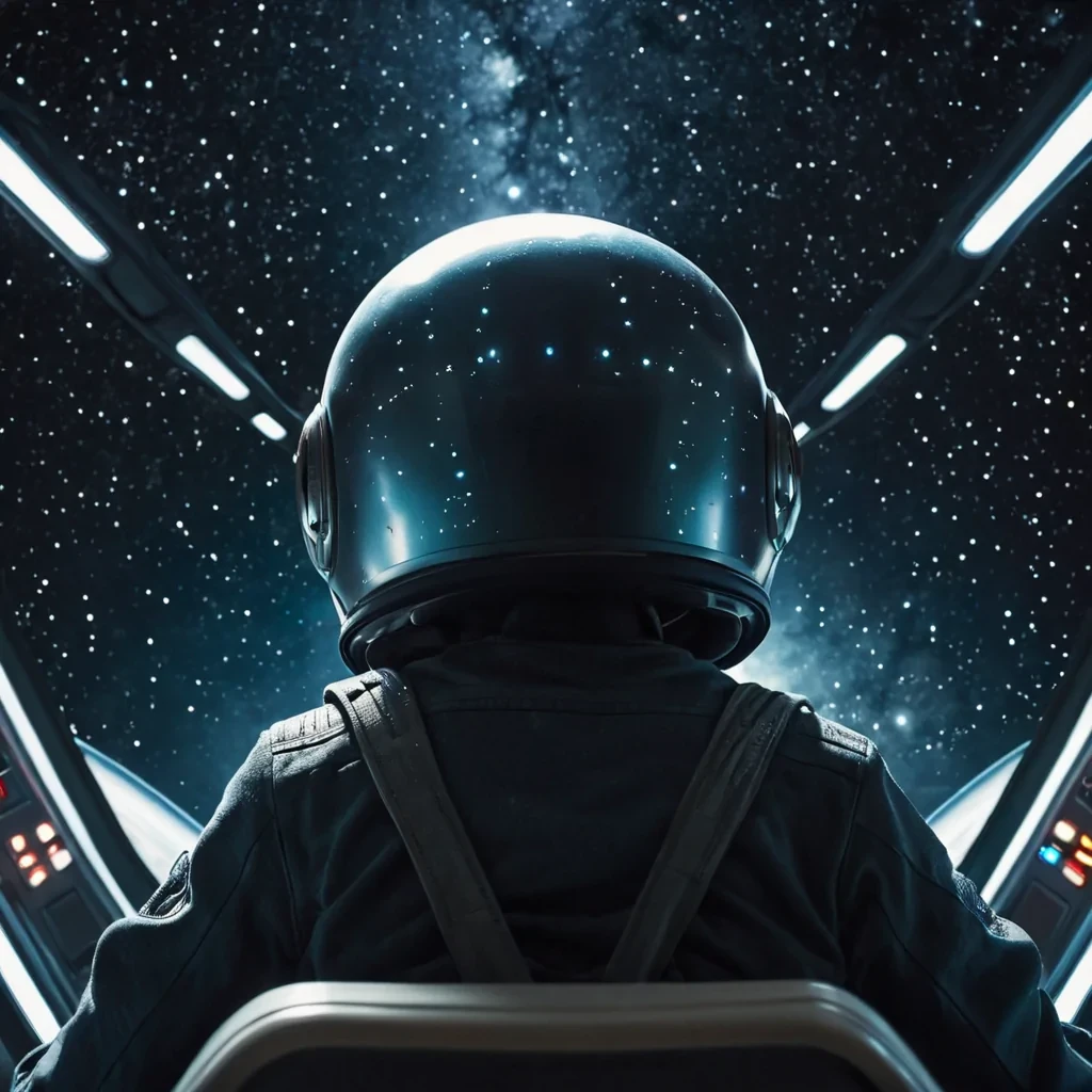 teenage boy riding in a spaceship looking forward but shot closeup from the back so no face, just helmet meanwhile oncoming stars are whizzing by