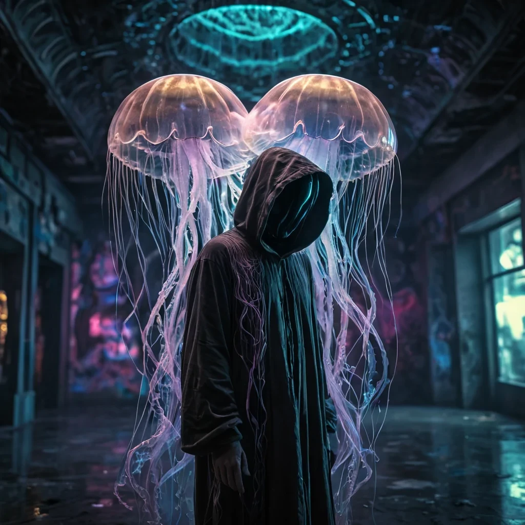 Photorealistic, Ultra HD portrait of a lone, sentient, neonlit holographic jellyfish, its ethereal form pulsating with intricate, bioluminescent fractal patterns, suspended in the heart of a vast, abandoned, neonlit arcade, with volumetric lighting casting dramatic shadows and emphasizing the jellyfishs dynamic, fluid movements, and a subtle, cool bokeh effect creating a sense of isolation and melancholy, as a spectral, ethereal figure, cloaked in a tattered, hooded robe, stands silently at the edge of the frame, their face obscured by shadows, adding an enigmatic, haunting touch to the otherwise abstract scene.