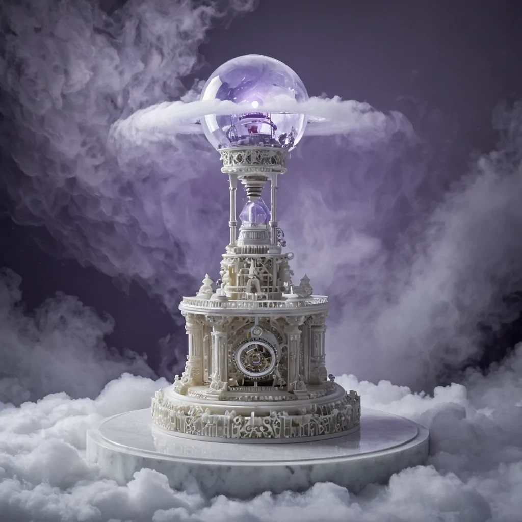 A hyperrealistic, eyelevel medium shot of a serene, floating observatory constructed from stacked, translucent layers of frosted alabaster, hovering amidst a dense, swirling cloud bank of iridescent, pearlwhite mist. The observatorys interior is dominated by a massive, central lens made of curved, liquid crystal that focuses a beam of pure, violet ultraviolet light onto a small, hovering pedestal. On the pedestal rests a delicate, intricate clockwork mechanism crafted from polished bone and silver filigree, its gears turning in slow motion to manipulate the surrounding mist into complex, geometric shapes. A solitary figure, draped in a gown of woven, translucent silk that shimmers with a soft, internal bioluminescence, stands gently adjusting