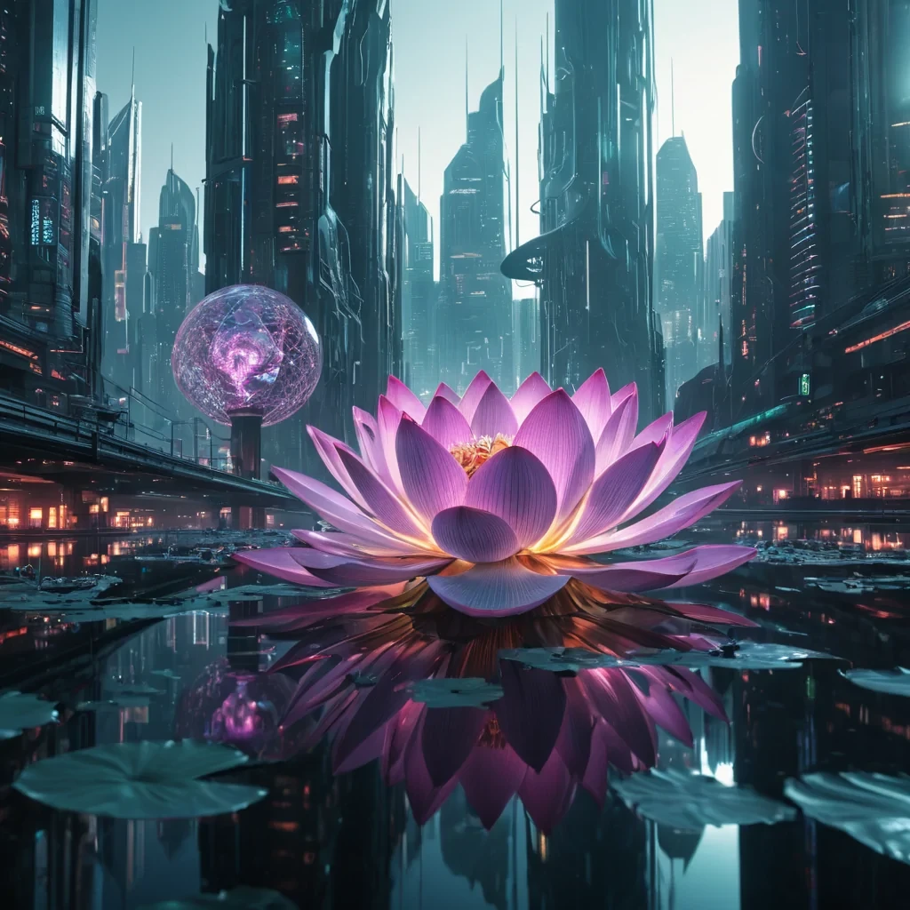 Photorealistic, levitating, crystalline, lotus metropolis, its hyperrealistic, 4K, petallike structures unfurling in ultra HD, revealing ultra HD glimpses of a pulsating, neonlit world within. Volumetric lighting from unseen, pulsating, bioluminescent sources etches the citys ethereal, geometric towers, casting intricate, dynamic, cybernetic shadows on the mirrored, iridescent void. Cinematic lighting bathes the scene in vibrant, cyberpunk hues, with lens flare emphasizing the citys central, radiant, pulsating, lotus heart, throbbing with captive, alien, cybernetic energy.