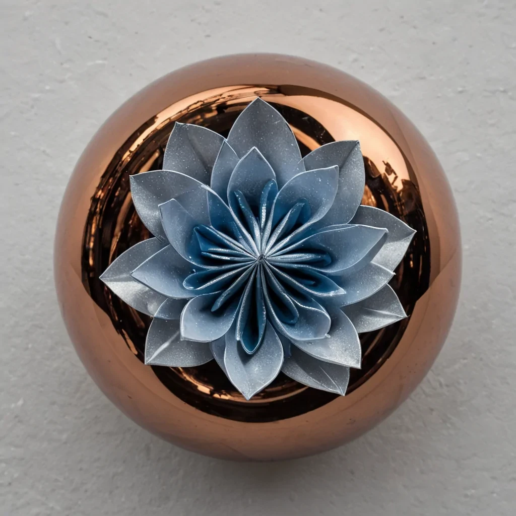 A highangle, topdown macro shot of a perfect circle of liquid, mercurysilver paint suspended in the air, defying gravity and forming a flawless, convex lens. Within the center of this metallic sphere, suspended in a clear, viscous gel, is a single, intricately folded origami lotus flower made of thin, flexible sheets of brushed copper. The copper petals are slightly unfurled, revealing a hollow center filled with swirling, luminous, violetblue plasma that emits a soft, pulsating glow. Surrounding the central sphere is a chaotic, yet organized, array of hundreds of tiny, black, spherical beads, each one coated in a fine layer of white, crystalline frost, arranged in concentric rings that fade