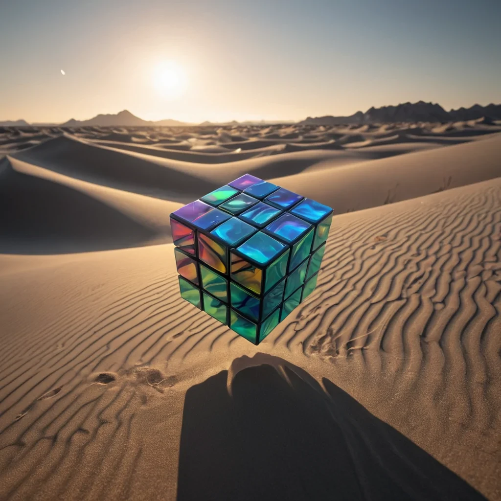 Photorealistic, 4K portrait of a sentient, levitating, neonlit holographic Rubiks cube, its ethereal form pulsating with intricate, bioluminescent fractal patterns, set against a surreal, monochromatic landscape of undulating, shadowy dunes, with volumetric lighting casting dramatic shadows and emphasizing the cubes dynamic, fluid movements, and a subtle, cool bokeh effect creating a sense of isolation and mystery.