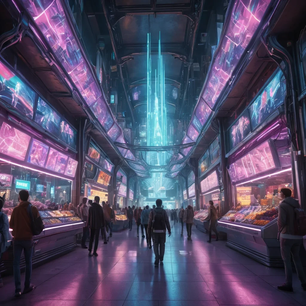 A hyperrealistic, 4K, ultra HD depiction of a vibrant, neonlit cyberpunk marketplace, its sleek, metallic stalls and holographic displays bathed in the soft, pastel glow of ambient lighting. Fractal, holographic advertisements float serenely in the weightless environment, casting mesmerizing, prismatic shadows on the curved, crystalline walls. A bustling crowd of diverse, augmented humans and androids navigate the aisles, their iridescent, bioluminescent cybernetic enhancements pulsing with vibrant energy. Cinematic lighting highlights the lively, chaotic atmosphere, with lens flare accentuating the marketplaces central, radiant spire, a beacon of technological marvel and cosmic wonder.