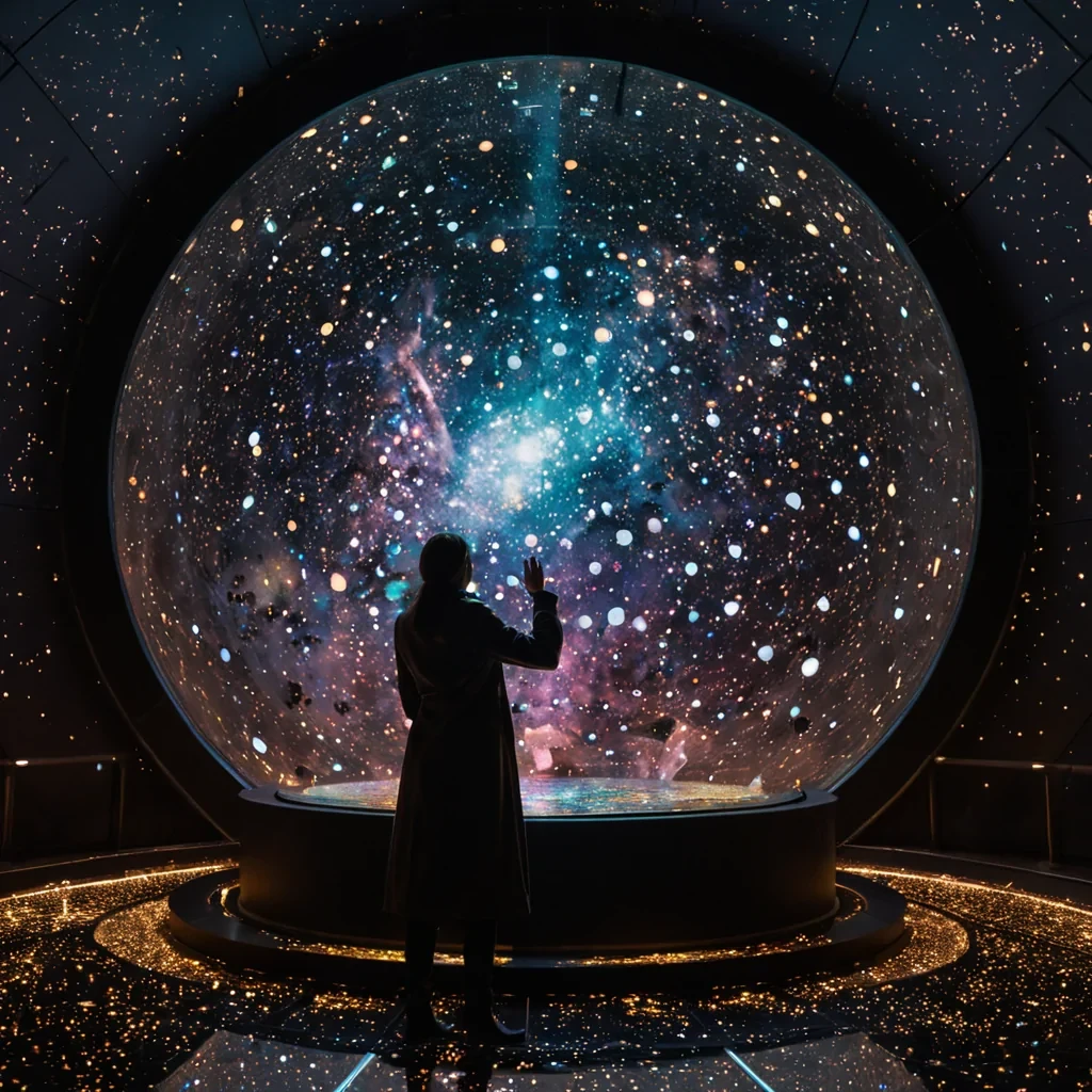 A horizontal, eyelevel medium shot of a silent, subterranean observatory carved from smooth, matteblack basalt, where the floor is a reflective pool of dark, still oil that mirrors the ceiling. The ceiling is a vast, spherical dome constructed from thousands of tiny, hexagonal mirrors, each angled to reflect a different, static frame of a cosmic nebula, creating a fragmented, mosaiclike view of deep space. In the center, a figure wearing a highcollared coat of iridescent, oilslick fabric stands before a console made of translucent, ambercolored resin, their hands gently manipulating holographic star charts that float in the air as swirling ribbons of golden light. The atmosphere is heavy with a fine mist of