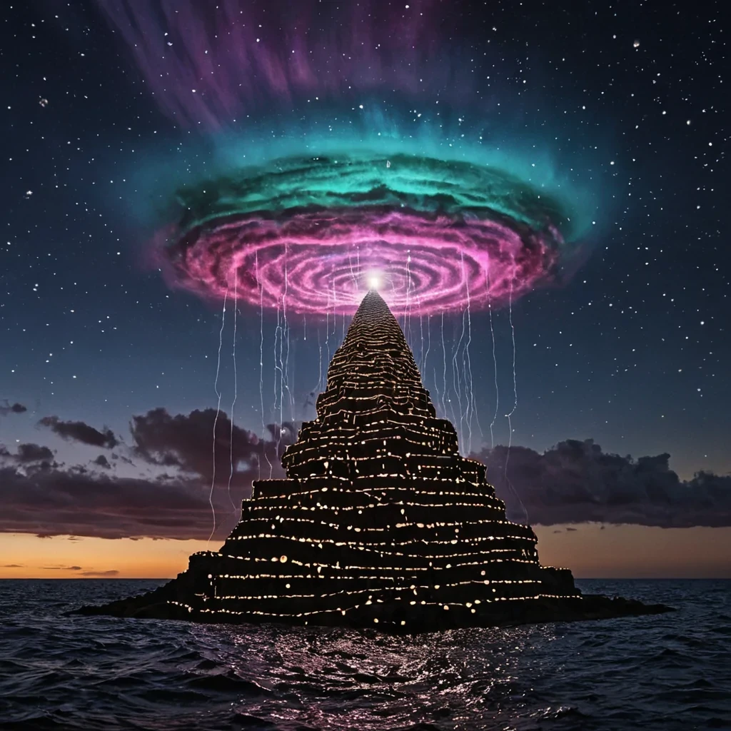 A single, floating ziggurat of woven, selfrepairing thunderclouds rises from the center of a vast, still ocean of liquid static, its stepped tiers not made of stone but of solidified radio waves from a thousand untransmitted messages. The structure does not standit breathes, expanding and contracting in time with the pulse of a distant, unheard symphony, each tier glowing with a faint, selfsustaining aurora that writes equations in the air using light as ink. At the summit, a hollow, geometric crown made of compressed silence sits open, not to reveal a throne, but to emit a slow, rotating nebula of soundless laughter that condenses into visible, bioluminescent constellations shaped