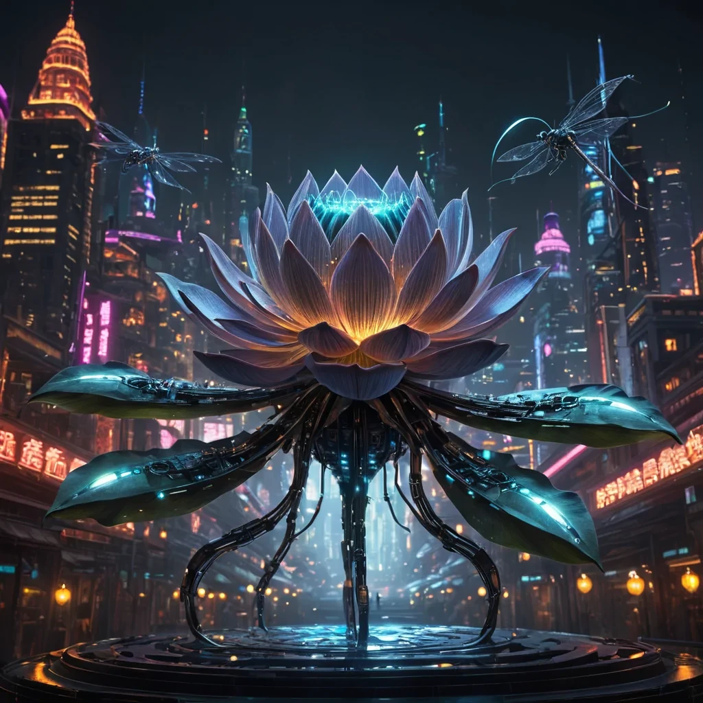 A colossal, ancient, mechanical lotus, its metallic petals unfurling to reveal a labyrinthine, neonlit city within, blooms from the heart of a vast, undulating, obsidian plain. Suspended within the lotus stamen, a holographic, sentient, mechanical swarm of dragonflies dances, casting ephemeral shadows on the citys inhabitants sentient, robotic, reptilian creatures. Rendered in ultra HD, with volumetric lighting, atmospheric effects, and vibrant colors, evoking a sense of surreal, otherworldly wonder.