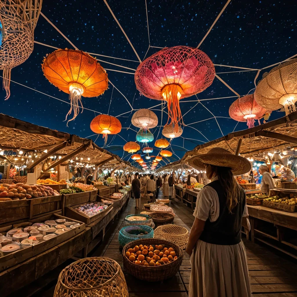 A horizontal, eyelevel wide shot of a bustling, floating market suspended within the hollowedout interior of a colossal, translucent geodesic dome made of curved, frosted acrylic panels, hovering above a deep, calm ocean under a starlit night sky. The market stalls are constructed from repurposed, driftwood rafts linked by delicate, glowing filament bridges that pulse with soft, warm orange light. Merchants display exotic, bioluminescent goods jars of swirling, liquid neon colors, baskets of floating, jellyfishlike fruits, and woven textiles that shift patterns in response to touch. In the foreground, a figure wearing a traditional, widebrimmed straw hat and a vest made of patchwork, iridescent fish scales