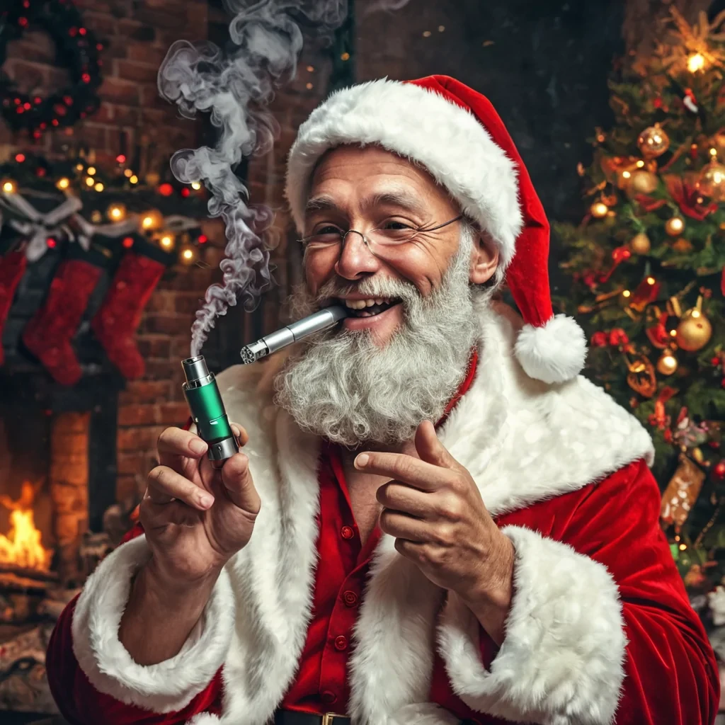 ChristmasFather in a Christmas wonderland, vaping, joyful, christmas themed, happy, vapes