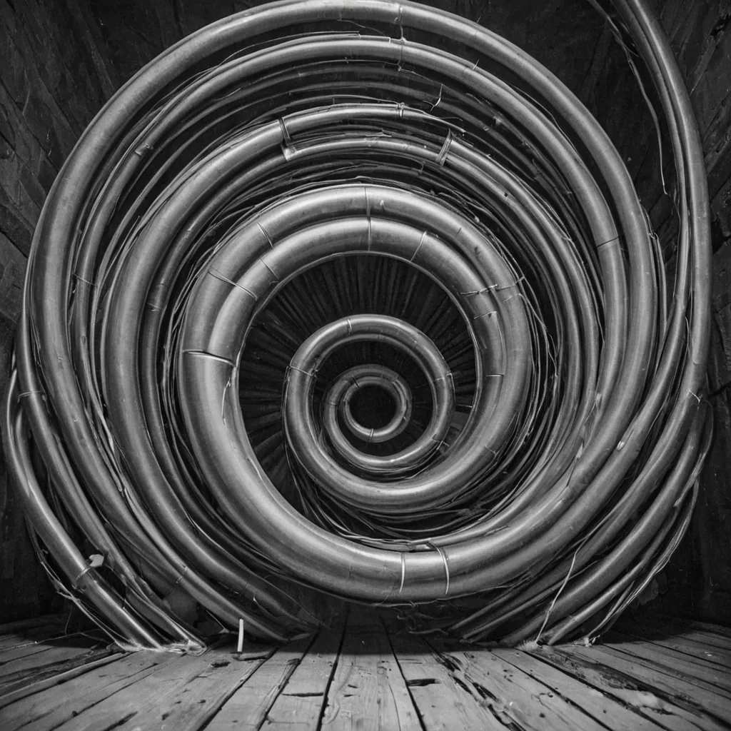 A single, selfilluminating filament of reversed silence, shaped like a 4,317dimensional spiral of unformed stillness and inverted quiet, drifts through the hollow core of a vast, inverted cathedral of solidified sound. Each twist is spun from the exact moment between a chime resonating and its refusal to echo, a hymn forming on lips and dissolving into nonvibration, a bell tolling and collapsing into pure, unmeasured nonacoustics. The filament does not amplify quietit unamplifies it, each trembling coil shedding a layer of sonic potential that never coalesced into harmony, reverence, or the weight of being heard. As it spirals backward through the infinite vaults