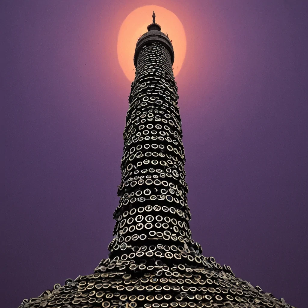 A hyperrealistic, eyelevel photograph of a solitary, towering structure composed entirely of stacked, interlocking vintage typewriter keys, forming a spiraling skyscraper that pierces a thick, violet twilight sky. The keys are made of aged, ivorycolored plastic and oxidized brass, their legends worn smooth by invisible use. Surrounding the base of the tower is a shallow, circular moat of flowing, dark, viscous ink that reflects the glowing, neonorange lights embedded within the key gaps. Suspended in the air around the midsection of the tower are dozens of floating, translucent sheets of paper, each displaying a single, large, handwritten character in silver gel pen, drifting slowly in a gentle, upward current. The lighting is soft