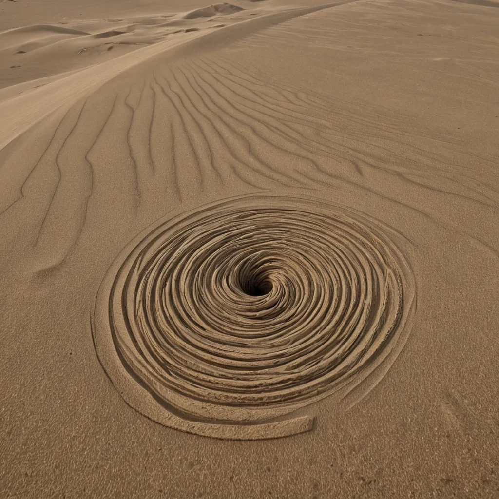 A single, selfdissolving filament of reversed gravity, shaped like a 9,873dimensional spiral of unformed weightlessness and inverted suspension, drifts through the center of a vast, inverted desert of solidified wind  each dune carved from the exact moment between a breath escaping and its refusal to disperse, a sand grain rising and dissolving into nonaerodynamic stillness, a whisper carried across miles and collapsing into pure, unmeasured nonmovement. The filament does not pull objects downward  it unpulls them, each unraveling coil shedding a layer of gravitational potential that never coalesced into tangible force, reforming into ephemeral, quartzthreaded afterimages shaped like the negative space between two