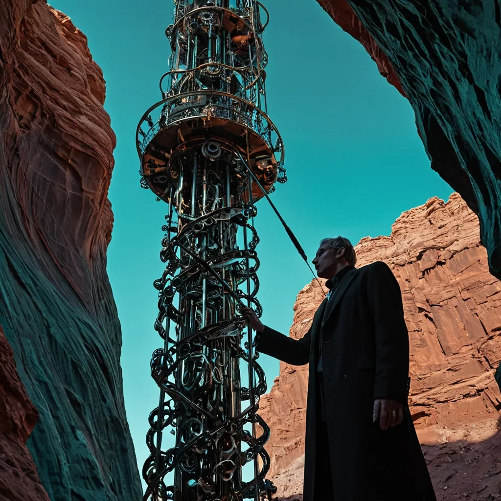 A vertical, lowangle shot of a towering, kinetic monolith constructed from thousands of interlocking, rusted copper gears and polished obsidian shards, situated in a hyperarid, purplehued canyon under a sky streaked with vibrant teal auroras. The structure emits a soft, rhythmic pulse of amber light from its core, causing the surrounding air to shimmer with visible heat waves and floating dust motes. In the foreground, a horologist with pale, ashgrey skin and wearing a structured, highcollared coat made of matte black synthetic leather and intricate silver embroidery stands on a narrow, suspended walkway of translucent glass. They are using a delicate, brasstipped wand to adjust a tiny, floating cog that glows with