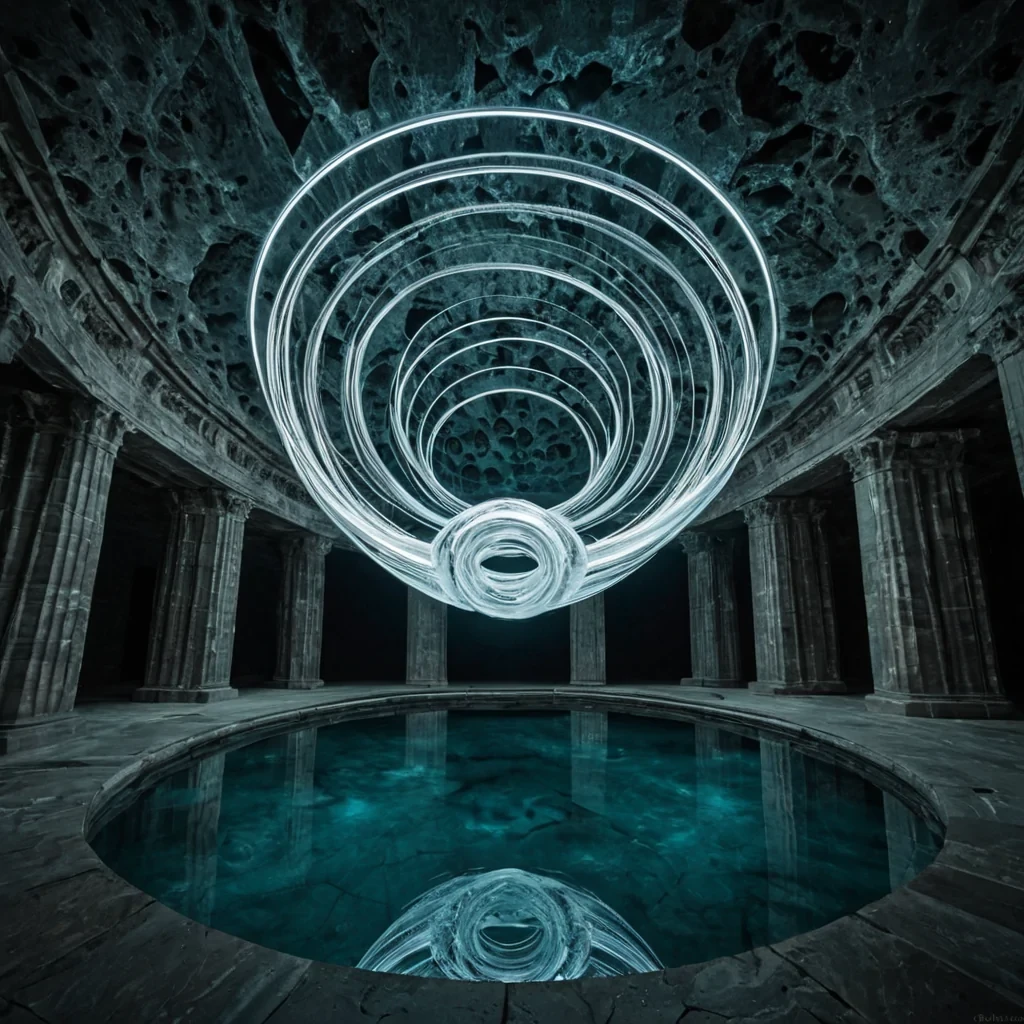 A vertical, lowangle wide shot of a vast, subterranean cathedral carved from seamless, polished onyx, where the floor is a shallow, mirrorlike pool of still, mercuryhued liquid that reflects the intricate, floating architecture above. Suspended in the center of the vast, dark void are three massive, rotating toroidal rings made of translucent, pale jade, each ring embedded with thousands of tiny, glowing blue crystals that pulse in slow, synchronized rhythm. The rings are connected by slender, gossamer threads of silver light that stretch upwards toward a ceiling of deep, starry night sky visible through a circular opening in the rock. In the foreground, a silent observer with skin resembling smooth, cool marble and wearing a minimalist, high