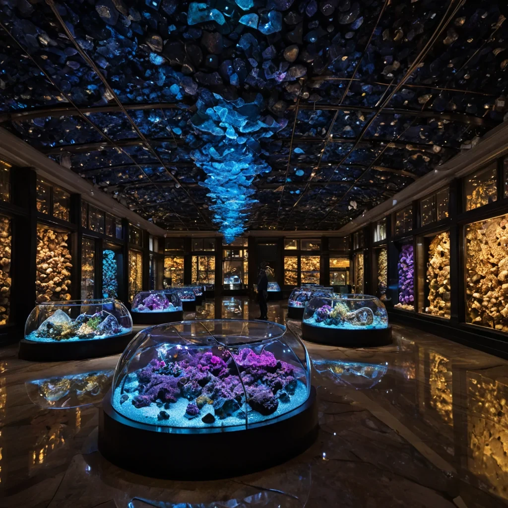 A horizontal, eyelevel wide shot of a sprawling, subterranean market built inside a colossal, hollowedout obsidian geode, where the walls are lined with thousands of glowing, amberhued resin panels that pulse with a warm, rhythmic light. The floor is a seamless expanse of polished, dark marble inlaid with intricate geometric patterns of silver and gold leaf. Suspended from the curved ceiling are hundreds of delicate, brassbound glass terrariums, each containing a miniature, selfcontained ecosystem of vibrant, bioluminescent fungi and exotic, nontree flora in shades of electric blue and deep magenta. In the center, a figure wearing a structured, architectural coat made of layered, sheer organza in deep ind