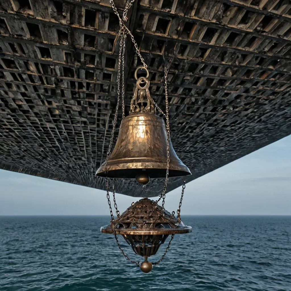 A horizontal, wideangle shot of a colossal, inverted ziggurat structure suspended in the air, floating above a churning ocean of thick, slowmoving mercury. The architecture is composed of polished, mirrorlike obsidian panels that reflect the chaotic, silvery surface of the liquid metal below. Between the levels of the inverted pyramid, narrow bridges of woven, translucent spider silk connect the platforms, swaying gently in a strong, invisible wind. On the highest, nowbottommost tier, a single, ancient, rusted bronze bell hangs from a chain, its surface covered in thick, green copper patina. The bell is not still it is vibrating intensely, creating concentric, visible ripples in the air around it, distorting the