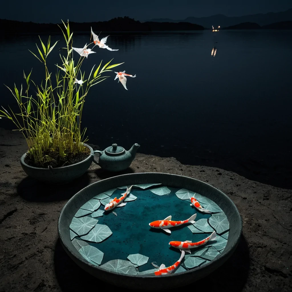 A vertical, extreme wideangle shot of a serene, floating archipelago situated within a calm, obsidianblack lake at twilight, where each island is a meticulously crafted, oversized ceramic tea set including teapots, bowls, and cups in matte celadon and crisp white glazes. The ground of these islands is textured with fine, dry sand and delicate moss growing in the cracks of the pottery, while tiny, luminous koi fish made of folded origami paper swim through the dark water, their translucent wings catching the moonlight. In the foreground, a solitary figure in a flowing, indigodyed kimono made of raw silk stands on the rim of a large, cracked bowl, holding a long, slender bamboo