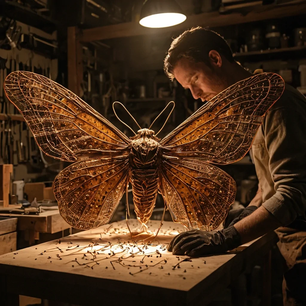 A hyperrealistic, eyelevel medium shot of a bustling, dimly lit artisan workshop where a craftsmans hands, clad in fingerless gloves of woven copper mesh, are meticulously soldering a circuit onto the wing of a lifesized, taxidermied moth. The moths body is constructed from stacked, thin sheets of compressed, translucent amber resin, revealing suspended pollen grains and tiny, fossilized insects within its amber core. The wings are not silk, but delicate membranes of flexible, transparent polycarbonate etched with a complex, golden geometric lacework that catches the warm, flickering light of a single kerosene lamp. Surrounding the workbench are dozens of similar, unfinished moths hanging in rows, each at a