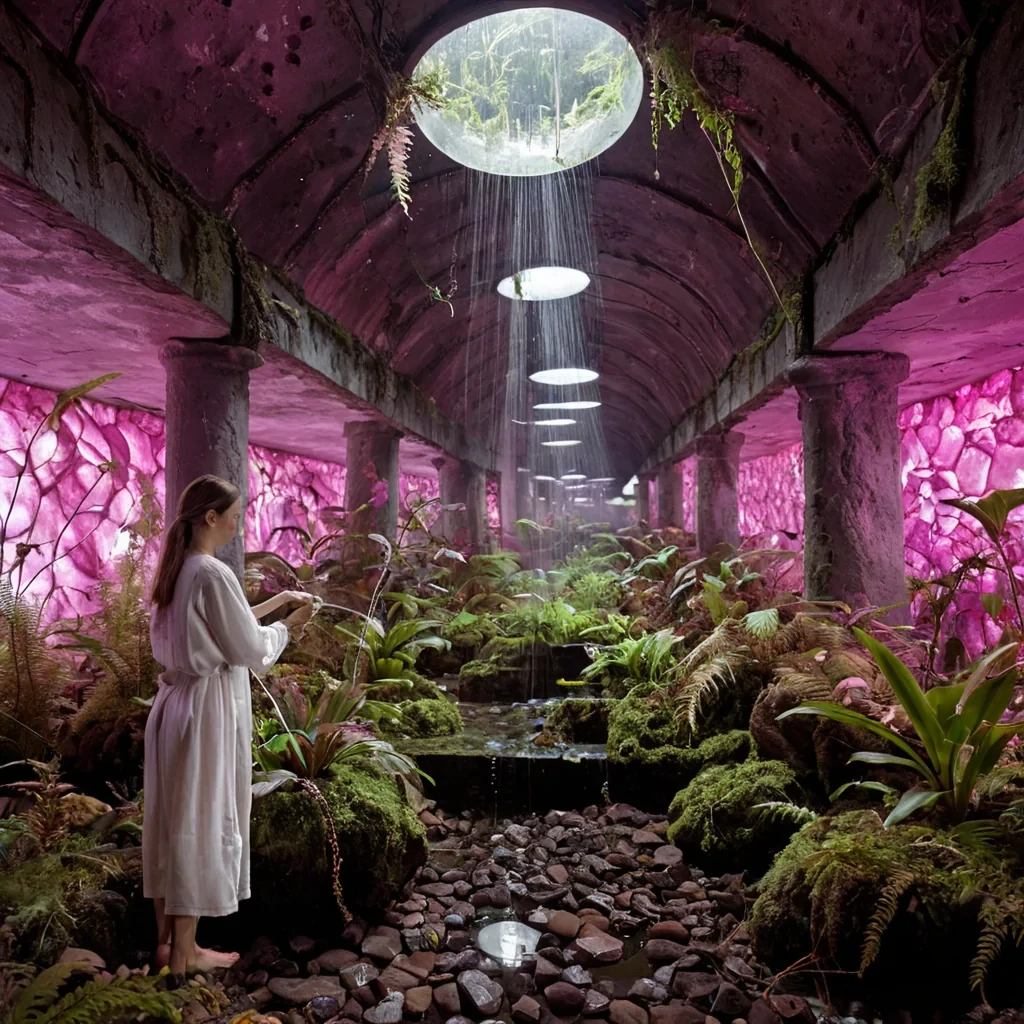 A horizontal, eyelevel medium shot of a vast, subterranean greenhouse cultivated within the hollowedout cavity of a colossal, translucent geode made of pink quartz, where the walls are veined with glowing, bioluminescent moss that pulses with a soft, rhythmic magenta light. Suspended from the crystalline ceiling by delicate, silver filaments are hundreds of floating, spherical terrariums, each containing a unique, miniature ecosystem of ferns, orchids, and ferns that drift slowly in the still, humid air. In the foreground, a botanist wearing a flowing, white cotton tunic with embroidered leaf patterns in gold thread carefully adjusts a complex, brassandglass watering apparatus that sprays a fine mist