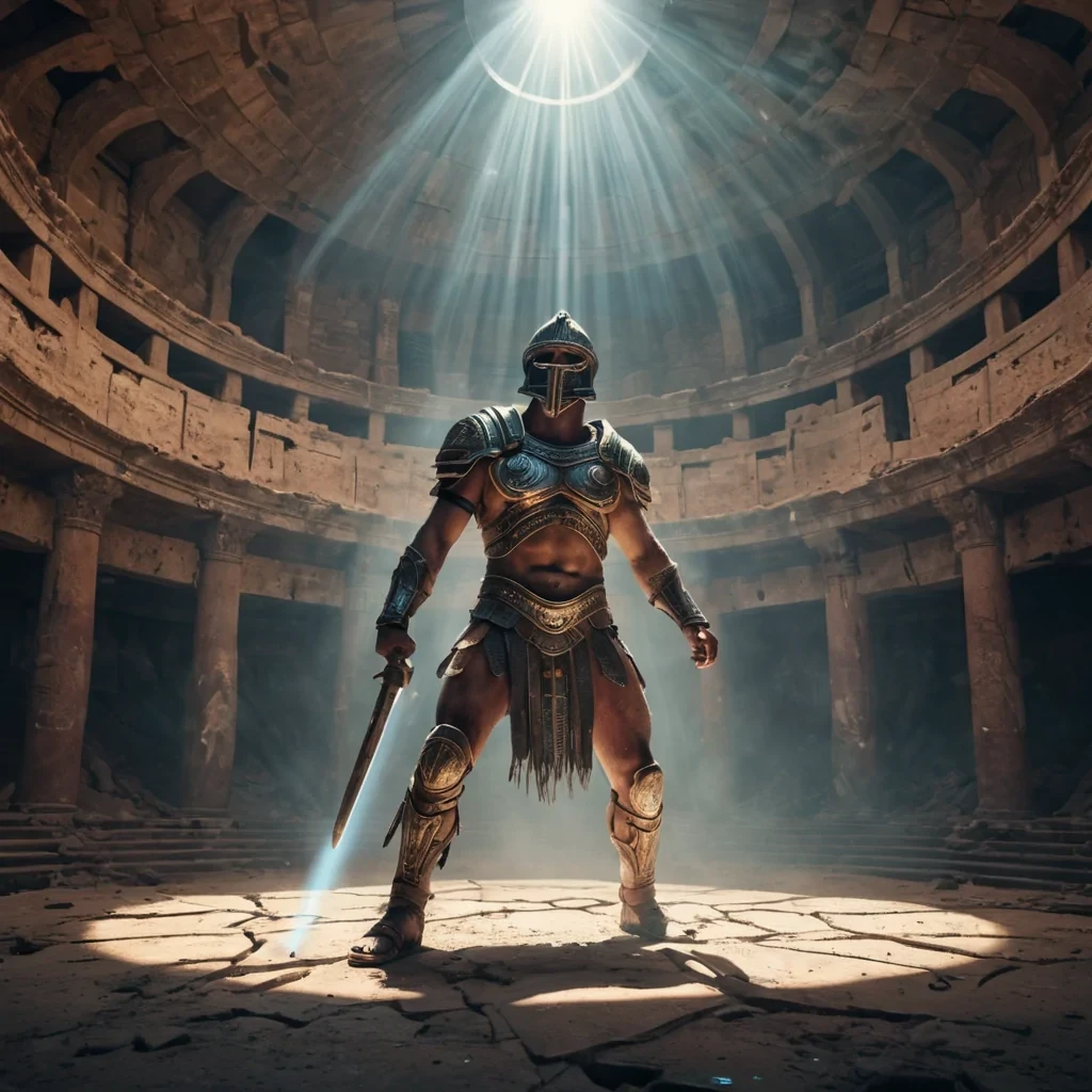 In the heart of a colossal, ancient, abandoned, subterranean arena, a solitary, levitating, hyperrealistic, holographic gladiator, intricately detailed and textured, materializes from the shadows. Volumetric lighting from unseen sources casts dramatic shadows, as the holographic gladiators colossal, cinematic eyes scan the crumbling, labyrinthine architecture. Atmospheric dust devils swirl in the soft, pastel glow, while lens flare from a distant, flickering torch accentuates the holographic gladiators enigmatic, lifelike expression. The holograms metallic, textured surface reflects the arenas intricate, luminescent patterns, as atmospheric