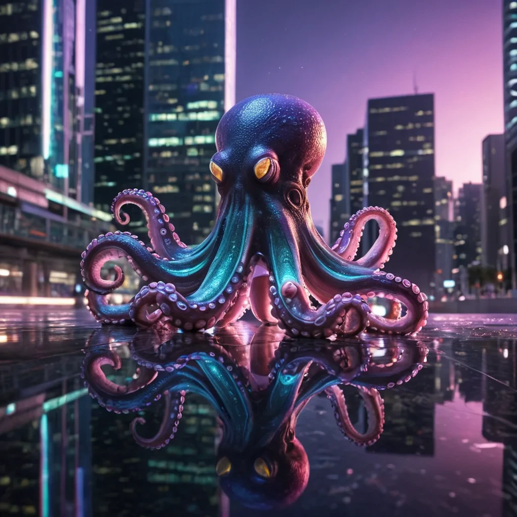 Photorealistic, colossal, undulating, neonlit, cybernetic octopus, its metallic tentacles intertwining to form a labyrinthine, ultra HD, geometric metropolis, reflected in the mirrored surface of an infinite, nebulafilled void. Volumetric lighting casts intricate, angular shadows, while dynamic lighting dances on the citys skyscrapers, casting a soft focus on the distant horizon. Vibrant, neon colors shift and shimmer, as lens flare accentuates the octopus central, bioluminescent eye.