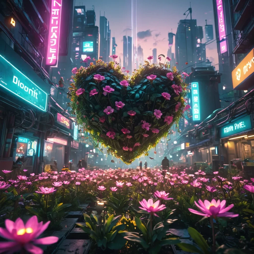 A lone, levitating garden blooms in the heart of a bustling, neonlit cyberpunk city, its flowers emitting a soft, ethereal glow, while drones buzz around, tending to the flora, hyperrealistic, 4K, cinematic lighting, volumetric lighting, atmospheric effects, dynamic lighting, bokeh effect, lens flare, vibrant colors, detailed textures.