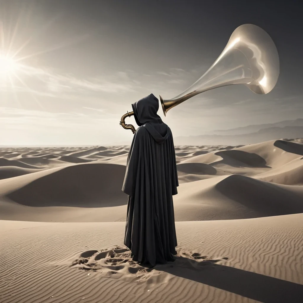 Photorealistic, Ultra HD portrait of a whimsical, levitating vintage phonograph, its brass horn emitting ethereal, otherworldly melodies, set against a surreal, monochromatic landscape of undulating, shadowy dunes, with volumetric lighting casting dramatic shadows and emphasizing the intricate, art deco design, and a subtle, cool bokeh effect creating a sense of isolation and enchantment, while a spectral, ethereal figure, cloaked in a tattered, hooded robe, stands silently at the edge of the frame, their face obscured by shadows, adding an enigmatic, haunting touch to the otherwise abstract scene.