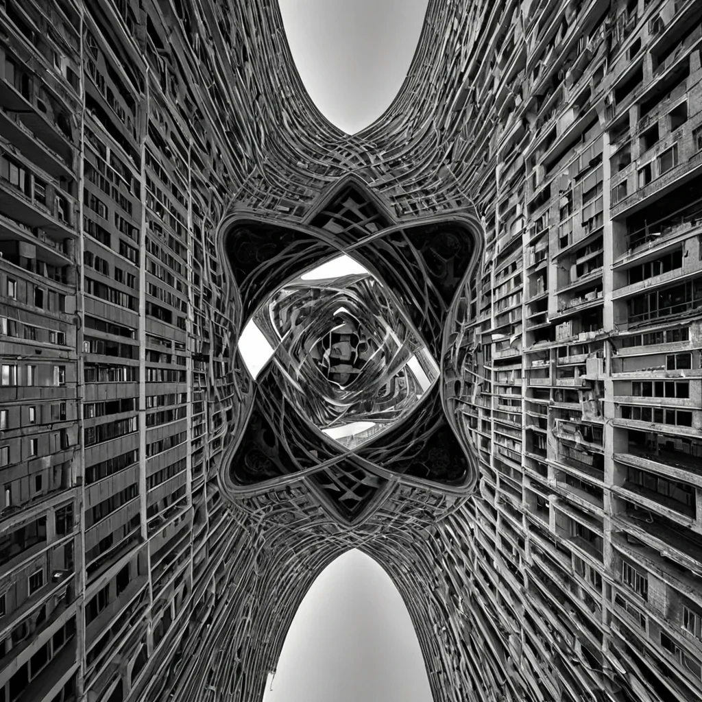 A single, selfoscillating fractal of reversed geometry, shaped like a 1029dimensional Mbius knot of unformed space and inverted topology, pulses at the center of a vast, inverted city of solidified perspectiveeach building carved from the exact moment between a street corner being turned and its refusal to align, a shadow stretching and dissolving into nondirectional light, a window reflecting and collapsing into pure, unobserved emptiness. The knot does not orientit unorients, each trembling fold shedding a layer of spatial potential that never coalesced into a shared direction, reforming into ephemeral, prismatic afterimages shaped like the negative space between two eyes that never saw the same angle. The