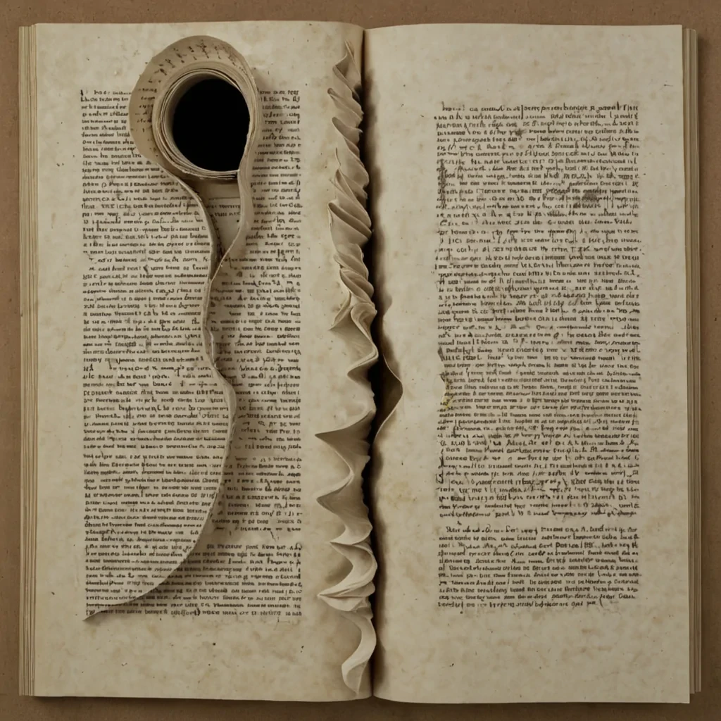 A single, selferoding scroll of woven shadow, shaped like a spiraling, nonreflective parchment of unlit ink, unfurls at the center of a vast, still archive suspended in the vacuum between two collapsing tides of forgotten time. The scroll does not unravelit unwrites, each fracture dissolving a layer of narrative that never existed, revealing a hollow core shaped like the negative space between two pages that never turned in the same breath of silence. The archive is not wood or stoneit is a layered expanse of solidified narrative inertia, each shelf etched with the emotional residue of a story that was almost begun, its surfaces vibrating with the faint, harmonic afterimage of a voice that never dared to speak. The