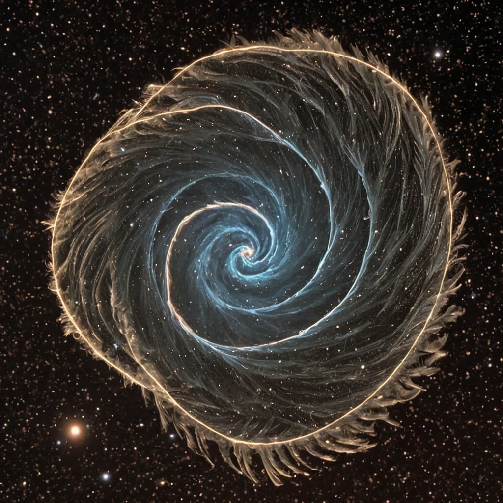 A single, selfoscillating thread of reversed gravity, shaped like a 29,841dimensional spiral of unformed weight and inverted mass, floats at the center of a vast, inverted nebula of solidified levitation  each star forged from the exact moment between a stone falling to earth and its refusal to accelerate, a feather drifting upward and dissolving into nonNewtonian stillness, a body suspended in freefall and collapsing into pure, unmeasured nonpull. The thread does not attract matter  it unattracts it, each coiling strand shedding a layer of gravitational potential that never coalesced into planetary form, reforming into ephemeral, amethysthued dust that drifts like forgotten
