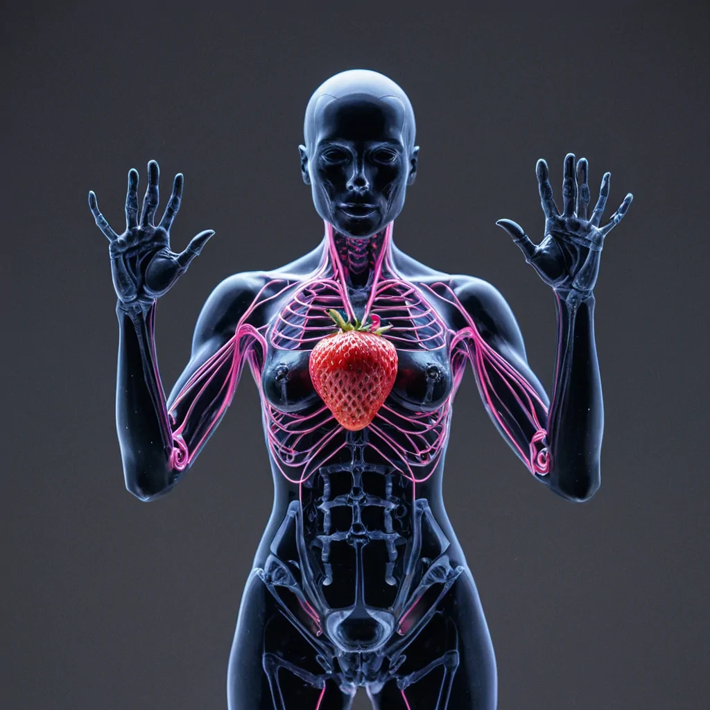 A tight, symmetrical frontal view of a singular, humanoid figure standing in a void of deep, saturated indigo. The figures skin is made of translucent, frosted white glass, revealing an intricate, internal skeleton composed of thin, glowing neonpink wires that pulse with a slow, electrical rhythm. Instead of a head, the figure possesses a perfect, rotating cube of dark, opaque obsidian, with each face displaying a different, static, monochrome photograph of a mundane 1950s kitchen scene. The figures hands are held up at chest level, palms open, holding a single, oversized, hyperrealistic strawberry that is slowly disintegrating into fine, red dust that drifts upward like reverse rain. The