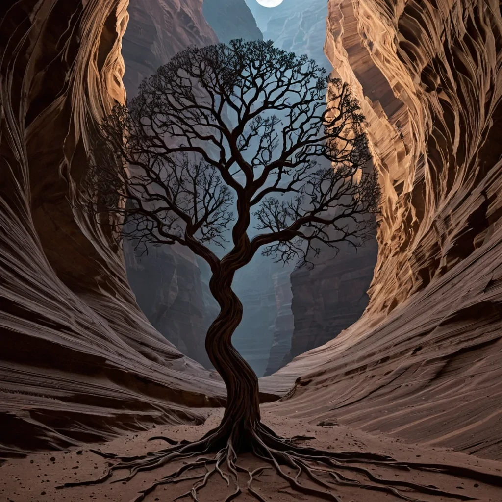 A single, selfsustaining fractal tree grows from the center of a vast, silent canyon carved not by erosion, but by the collective, unconscious breath of a species that communicates through the alignment of their shadows. The tree is not made of woodit is woven from solidified moonlight, each branch a branching algorithm of pure, geometric silence, its leaves not organic but crystalline, shaped like the negative space between two hands about to clasp in a gesture of understanding that never occurred. The canyon walls are not rockthey are layers of compressed stillness, etched with the faint, shifting patterns of neural pathways that never fired, each stratum a different stage of a thought that dissolved before it could be named. The air does not