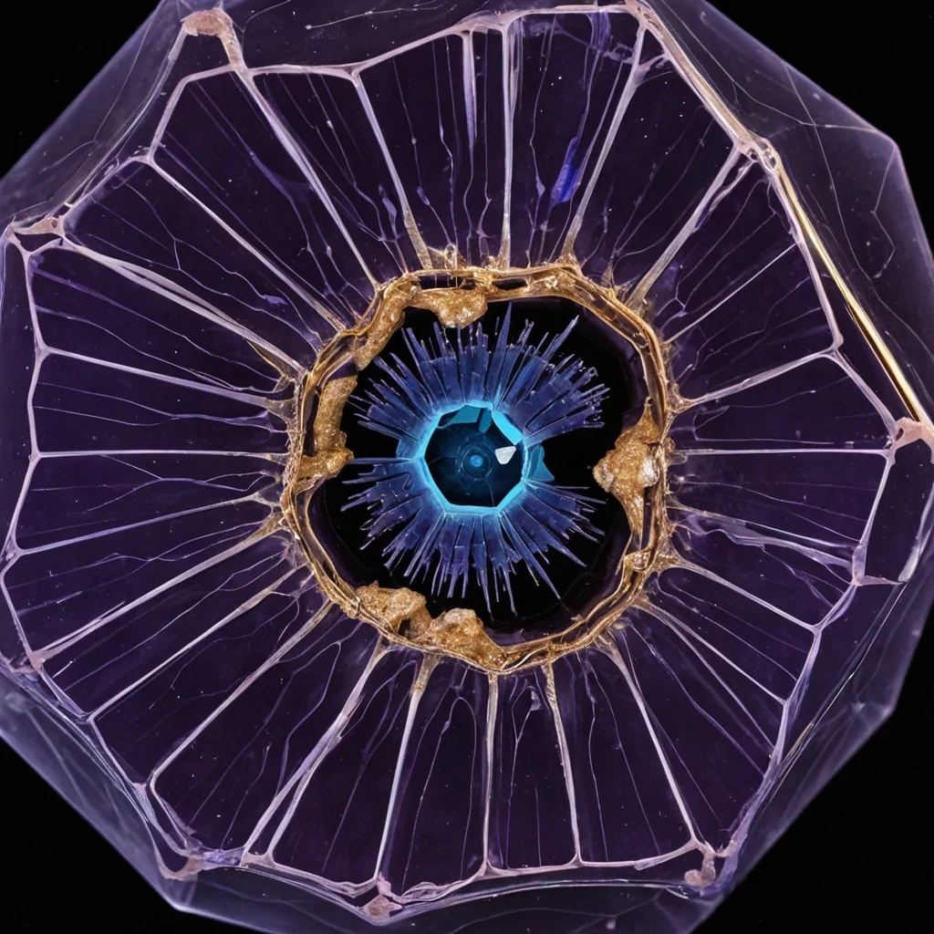 A microscopic, crosssection view of a single, colossal, translucent seed pod embedded within a dense matrix of interlocking, rigid, hexagonal prisms made of polished, dark violet obsidian. The pod is split open, revealing a complex, internal architecture of spiraling, fibrous strands in a pale, bonewhite hue that radiate outward from a central, dense, spherical core of pulsating, soft peachcolored bioluminescent fluid. The hexagonal prisms surrounding the pod are not uniform some are intact and glossy, while others are fractured, with their broken edges glowing with a faint, electric blue heat signature, indicating recent structural stress. Tiny, dustlike particles of metallic gold float in the stagnant air within the gaps between the