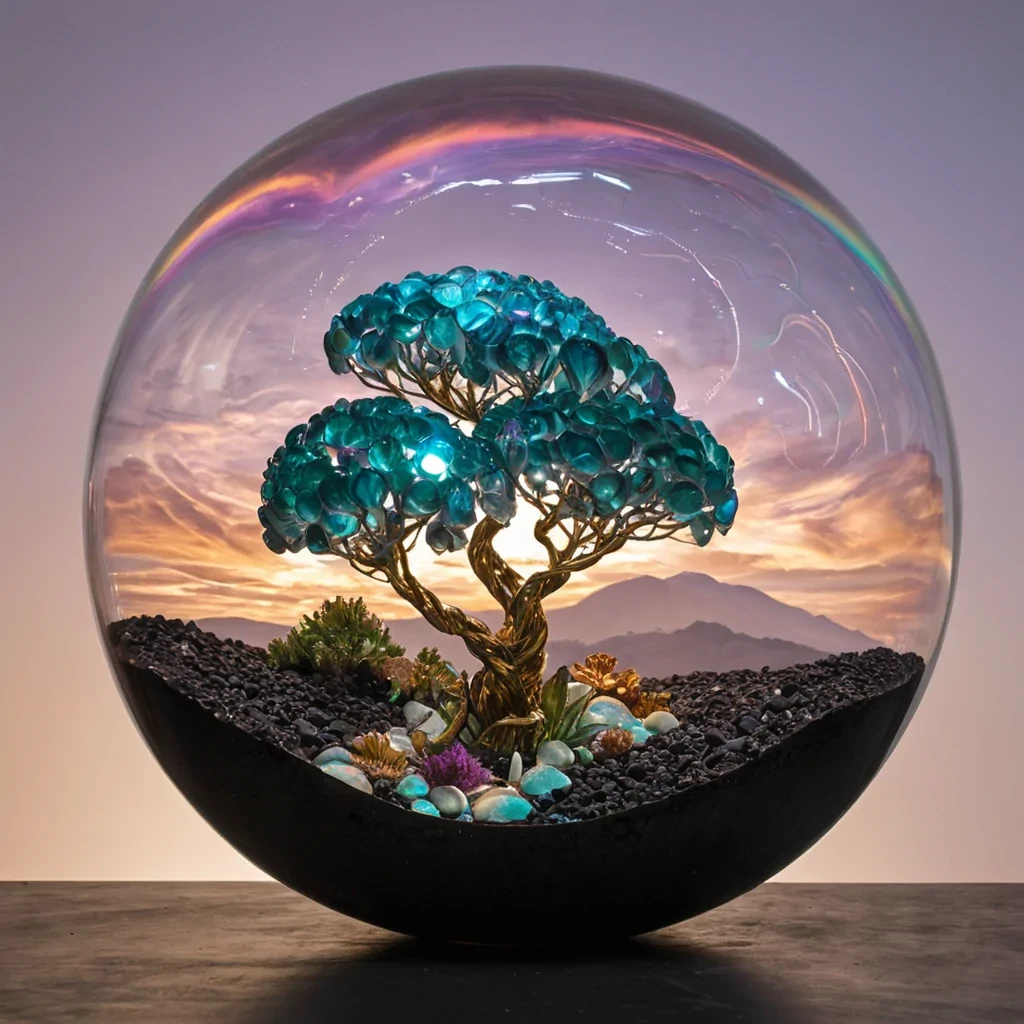 A hyperrealistic, eyelevel wide shot of a serene, floating garden suspended within a colossal, spherical bubble of viscous, clear amber resin. The interior of the bubble is a miniature terrarium featuring smooth, undulating hills of dark, matte volcanic soil and clusters of translucent, glasslike flora that refract light into rainbows. At the center stands a single, elegant tree with branches made of polished chrome and leaves crafted from thin sheets of iridescent abalone shell, shimmering in hues of teal and purple. The bubble is tethered to the sky by thick, braided cables of spun gold that stretch infinitely upwards into a soft, pastel sunrise sky filled with gentle, swirling clouds. The lighting is warm and diffused, highlighting