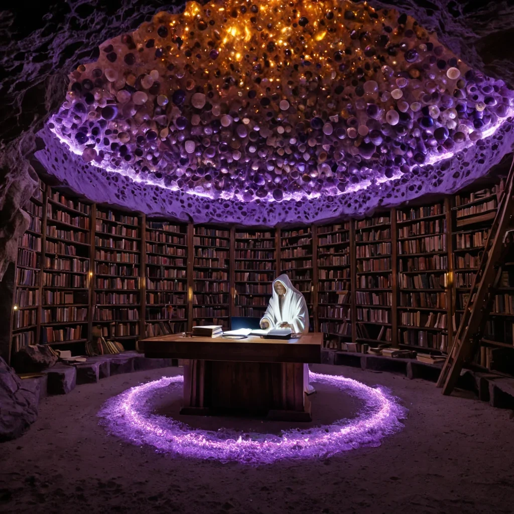 A hyperrealistic, eyelevel wide shot of a subterranean library carved into the walls of a massive, circular geode cavern, where the shelves are formed from layers of crystalline amethyst and quartz. Instead of books, the shelves hold thousands of glowing, spherical orbs made of swirling liquid mercury, each containing a miniature, rotating hologram of a distinct geometric shape in vibrant neon hues. The air is thick with a fine, luminous dust that catches the soft, amber light emitted from recessed niches in the cavern ceiling. In the foreground, a solitary figure wearing a long, flowing robe woven from optical fiber cables sits at a floating desk made of smooth, dark slate, intently studying a large, open tome bound in ir