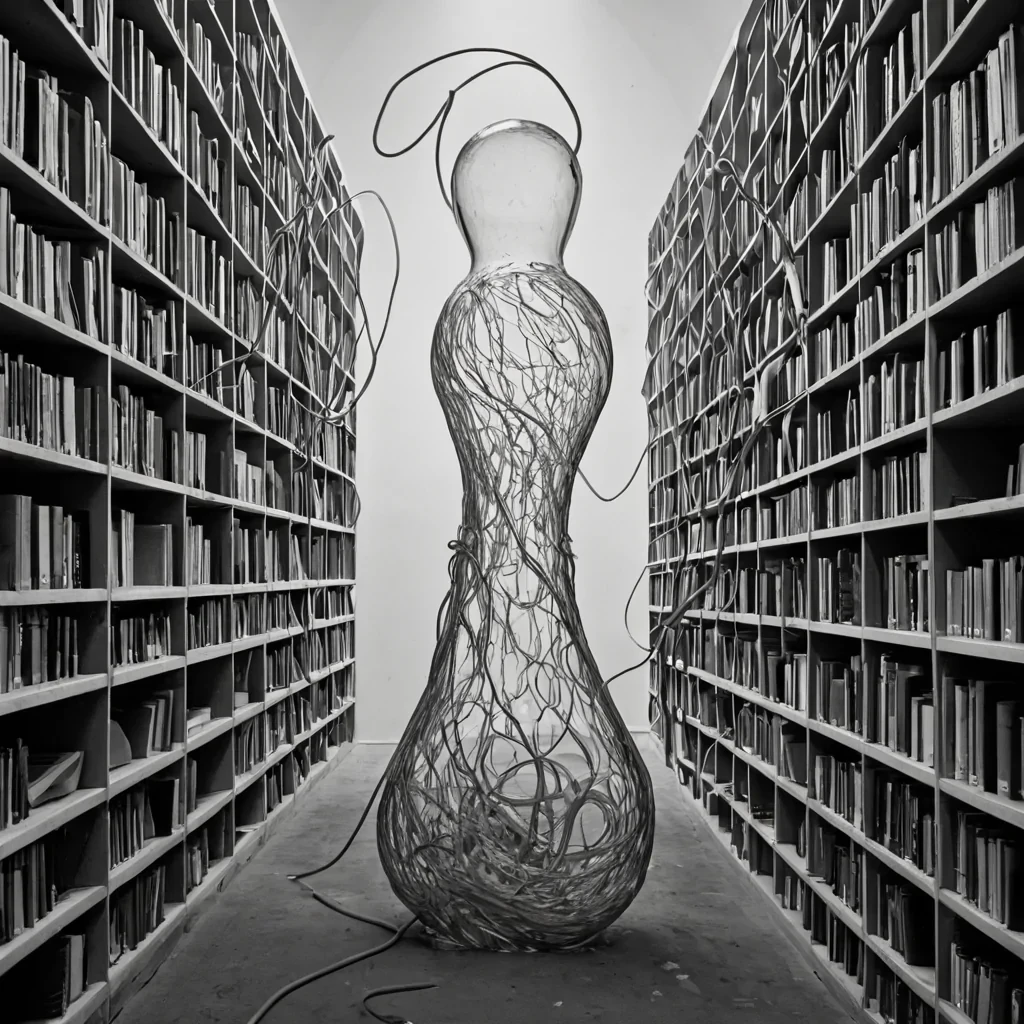 A single, selfsynthesizing filament of reversed potential, shaped like a 9,173dimensional Klein bottle of unformed possibility and inverted causality, drifts through a vast, inverted archive of solidified choiceeach shelf carved from the exact moment between a decision being made and its refusal to be acted upon, a path branching and dissolving into nonsequential mist, a hand reaching and collapsing into pure, unmeasured neutrality. The filament does not chooseit unchooses, each spiraling loop shedding a layer of agency that never coalesced into consequence, reforming into ephemeral, topazthreaded afterimages shaped like the negative space between two feet that never stepped onto diverging roads. The air hum